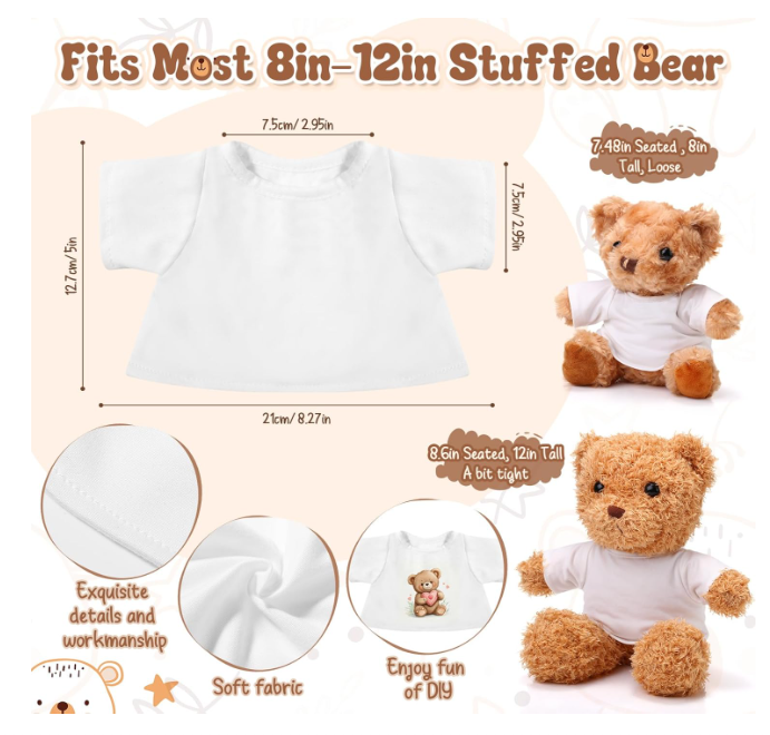 Sublimation Stuffed Bear Clothes Shirt Fit 8-12 Inch Plush Animal Tiny Blank Stuffed Animal Tshirt