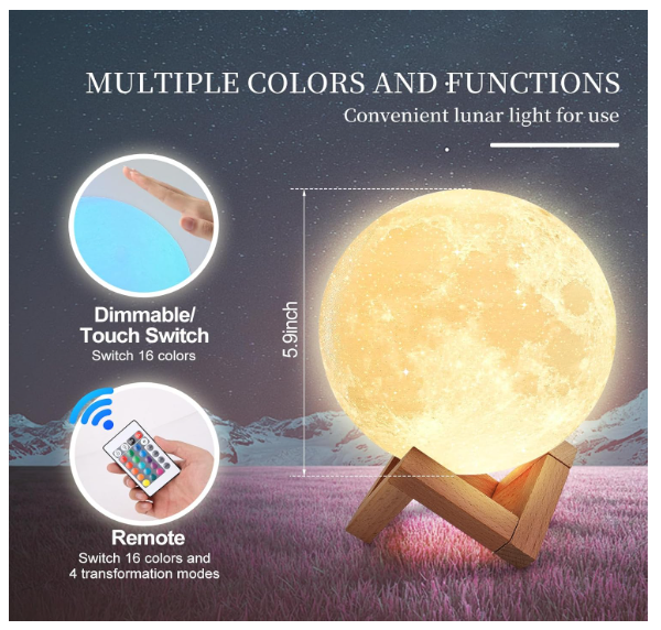 Moon Lamp 5.9inch15cm Moon Night Light Upgraded 16-Colour Adjustment, Wooden Stand,